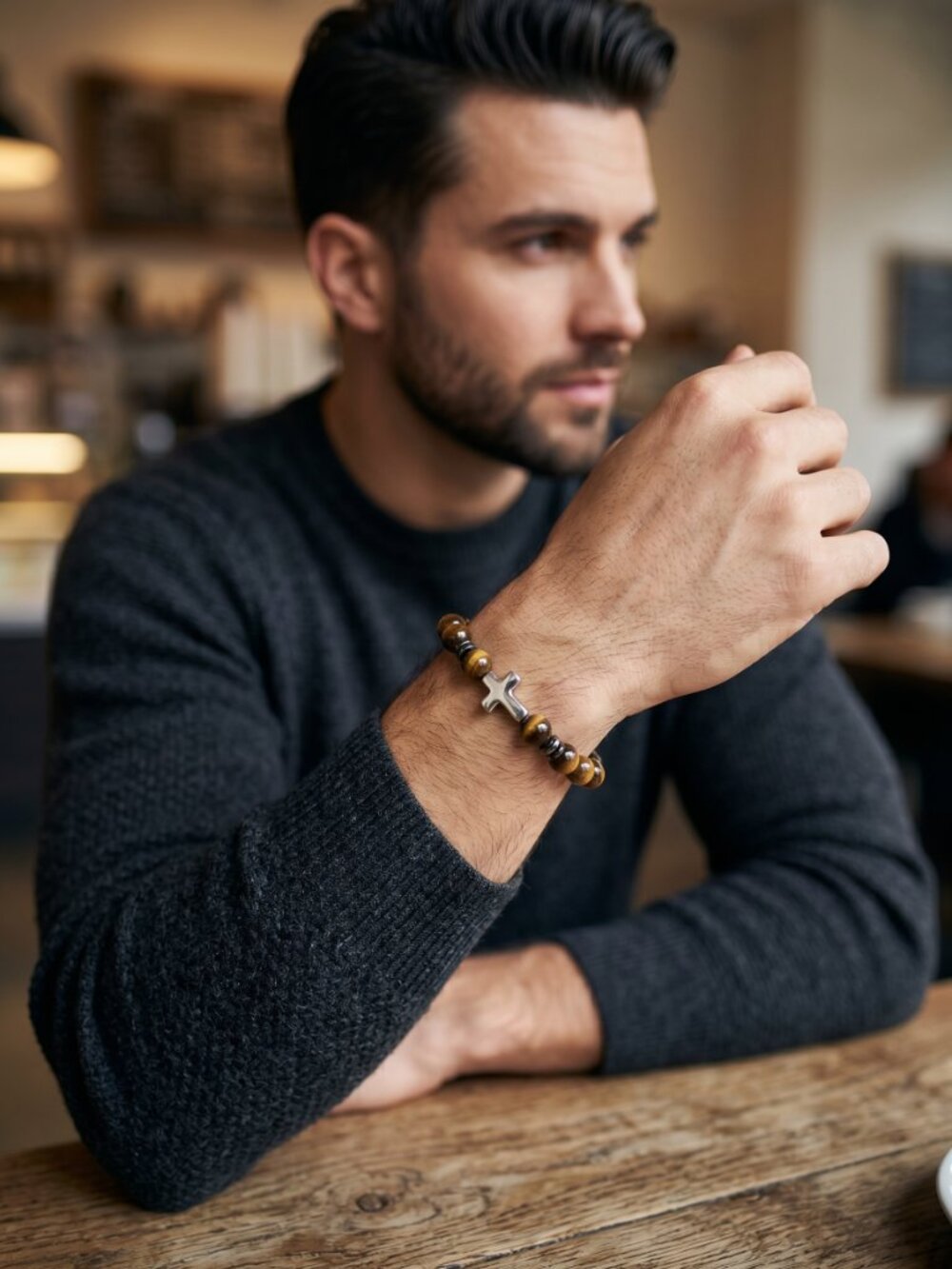 Designs by Forte Unisex Tiger's Eye & Silver Cross Stretch Bracelet